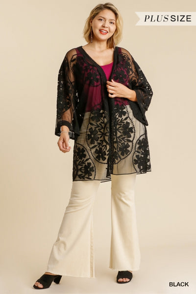 1136 ReeAnn Floral Lace Kimono w/ Waist Tie - Reg & Plus