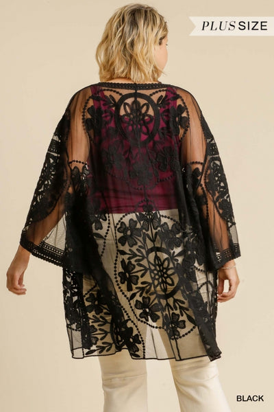 1136 ReeAnn Floral Lace Kimono w/ Waist Tie - Reg & Plus
