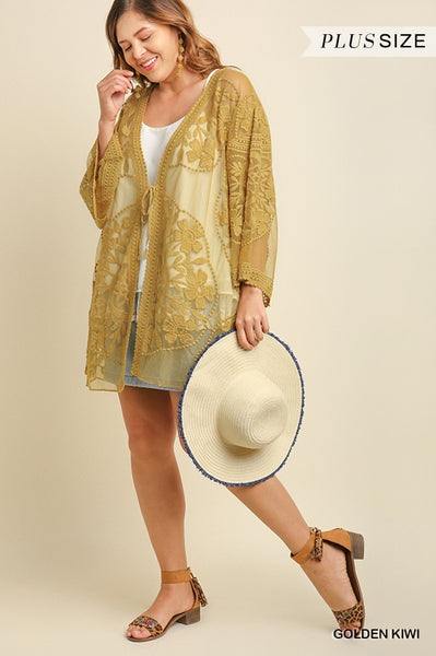 1136 ReeAnn Floral Lace Kimono w/ Waist Tie - Reg & Plus