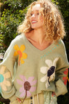 Bellah V-Neck Balloon Sleeve Flower Sweater by POL