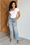 88671   Ettie Hi-Rise Rigid Magic 90's Destroyed Straight Leg Judy Blue Jeans