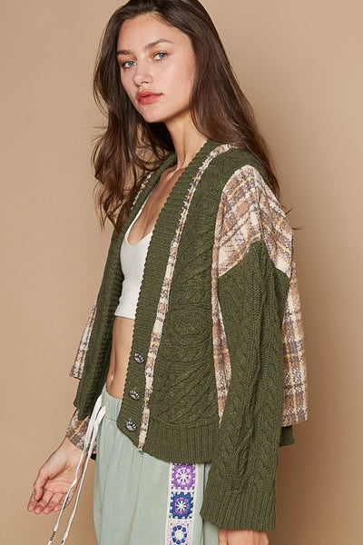 Callie POL Cable-Knit Plaid V-Neck Button Up Cardigan - ONLINE EXCLUSIVE!