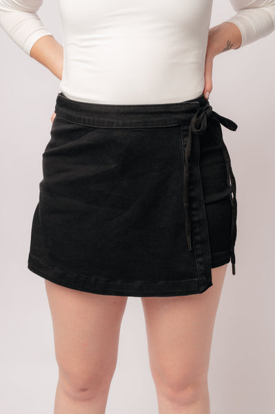 2828   Bentli Hi-Rise Side Tie Judy Blue Denim Skort in Black
