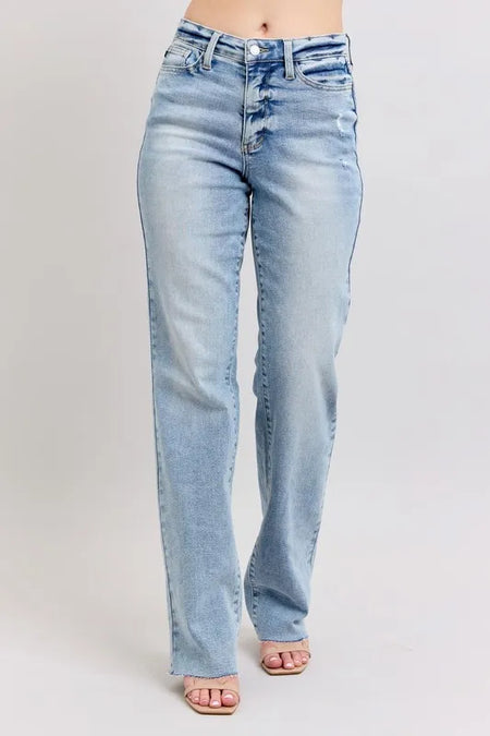 82622   Jacqueline Mid-Rise Frayed Hem Straight Leg Judy Blue Jean - ONLINE EXCLUSIVE!