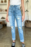 Rosalyn Hi-Rise Distressed Patch Pockets Straight Leg Judy Blue Jeans - ONLINE EXCLUSIVE!