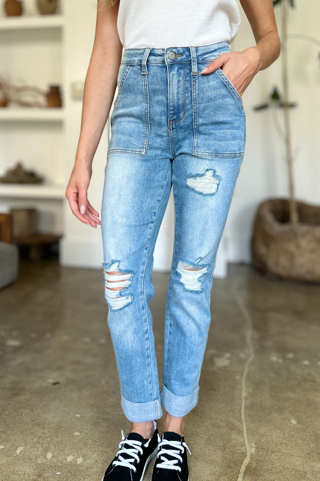 Rosalyn Hi-Rise Distressed Patch Pockets Straight Leg Judy Blue Jeans - ONLINE EXCLUSIVE!