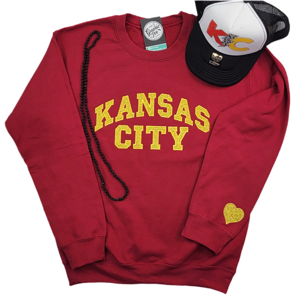 Kansas City Gold Glitter Applique Dark Red Crewneck Sweatshirt