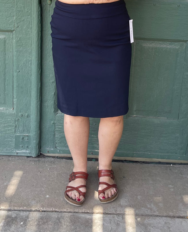 Camille Navy Pull-On Pencil Skirt by Krazy Larry