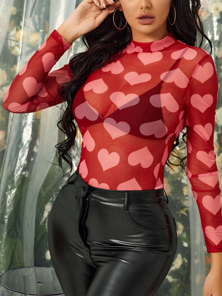 Griselda Heart Mock Neck Long Sleeve Sheer Top - ONLINE EXCLUSIVE!