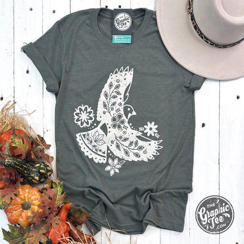 Boho Bird Heather Military Green Short Sleeve Tee