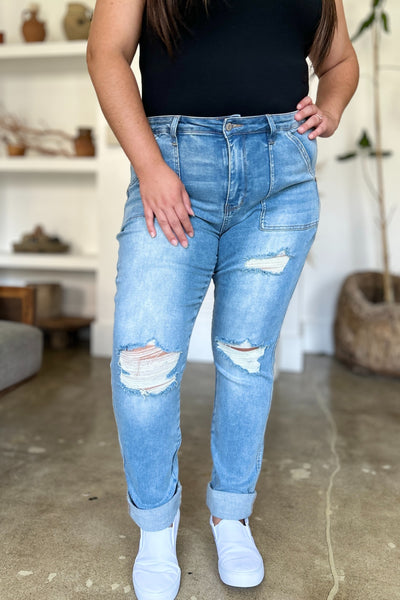 Rosalyn Hi-Rise Distressed Patch Pockets Straight Leg Judy Blue Jeans - ONLINE EXCLUSIVE!