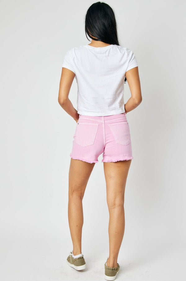 150225 Ridglie pantalones cortos de mezclilla azul Judy con dobladillo deshilachado rosa de talle medio