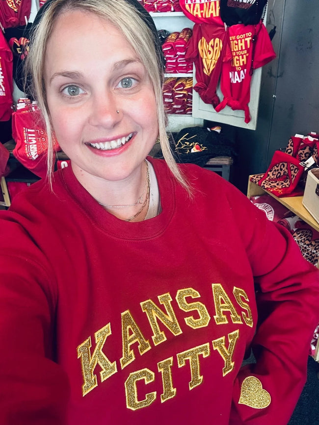 Kansas City Gold Glitter Applique Dark Red Crewneck Sweatshirt