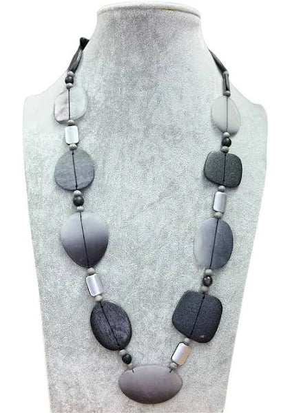 Long Grey Wood Necklace With Silver Beads by Alisha D.