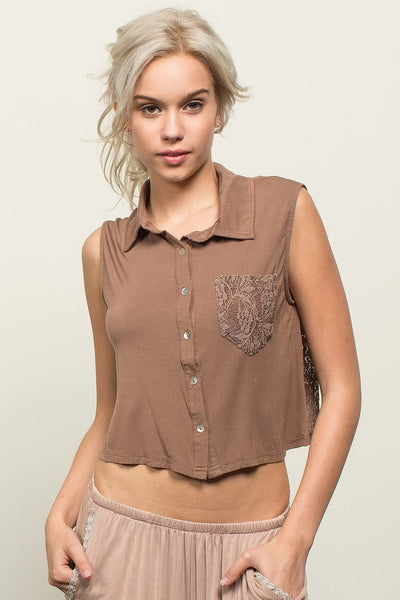 101   Gayla Collared Back Crochet Button Up Top