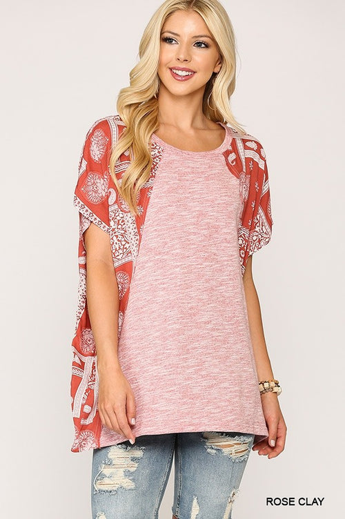 1309   Iris Solid Tunic Knit Top with Contrasting Print Dolman Sleeves