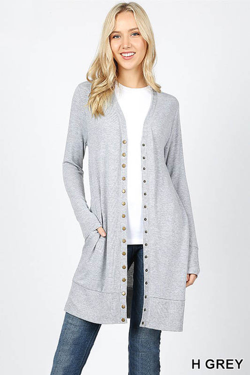 2059   Michelle Thigh-Length Snap Button Sweater Cardigan