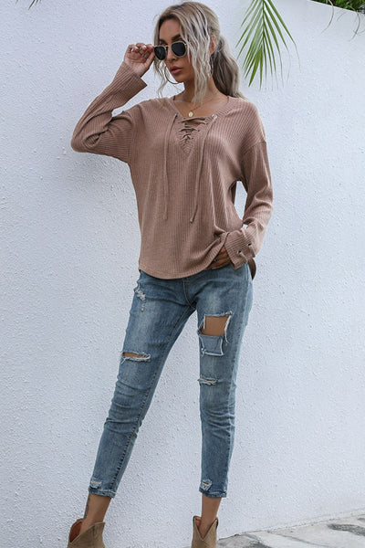 Lace-Up V-Neck Ribbed Top - ONLINE EXCLUSIVE!
