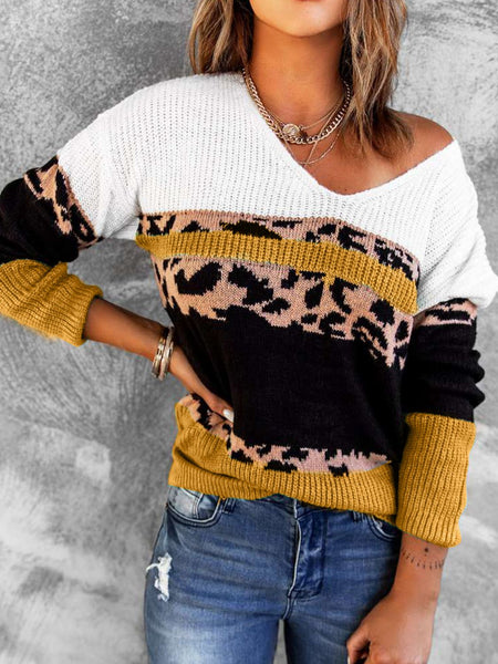 Suéter de punto acanalado con cuello en V y bloques de color de leopardo - ¡EXCLUSIVO EN LÍNEA!