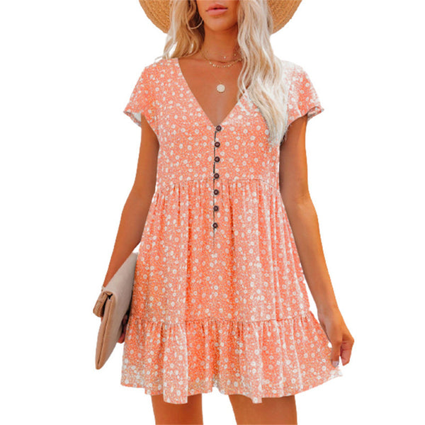 Printed V-Neck Buttoned Short Sleeve Mini Dress - ONLINE EXCLUSIVE!