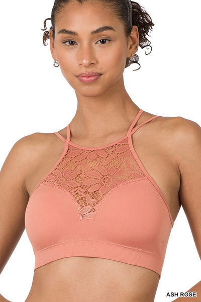 High Neck Lace Cutout Bralette with Bra Pads