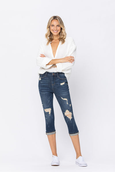 Chevelle Hi-Rise Cuffed Distressed Judy Blue Capri Jeans – True Betty  Boutique