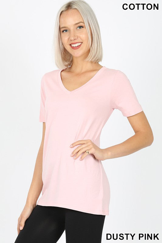 1009 Camiseta básica de algodón con cuello en V rosa polvoriento