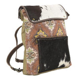 Olay Bags Old English Print w/ Faux Cow Hair on Hide Flap & Pocket Backpack - LB245