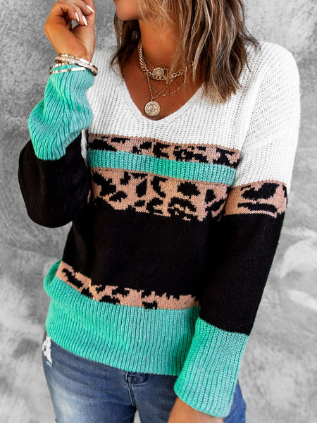 Suéter de punto acanalado con cuello en V y bloques de color de leopardo - ¡EXCLUSIVO EN LÍNEA!