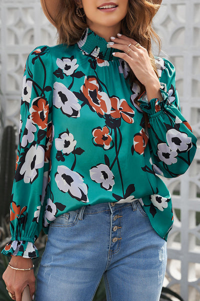 Floral Smocked Mock Neck Flounce Sleeve Blouse - ONLINE EXCLUSIVE!