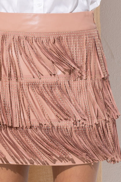 Ellis Faux Leather Studded Fringe Tiered Mini Skirt w/ Side Zipper