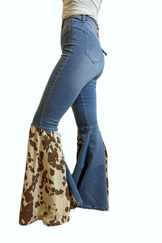 Brixey High Waist Elastic Stretch Cow Print Flare Jeans