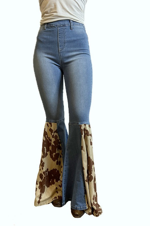 Brixey High Waist Elastic Stretch Cow Print Flare Jeans