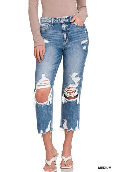 Elsie Hi-Rise Tattered Straight Leg Crop Jeans by Zenana Jeans
