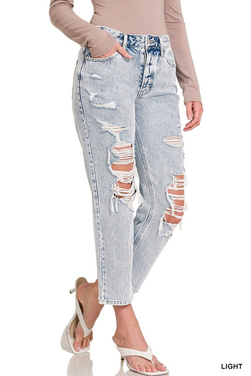 Molly No Stretch Distressed Straight Cropped Capri Jeans by Zenana
