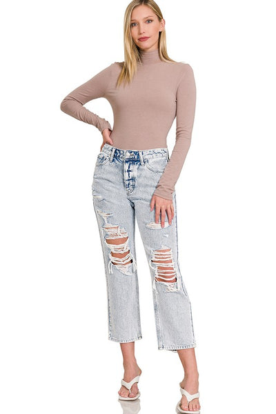 Molly No Stretch Distressed Straight Cropped Capri Jeans by Zenana
