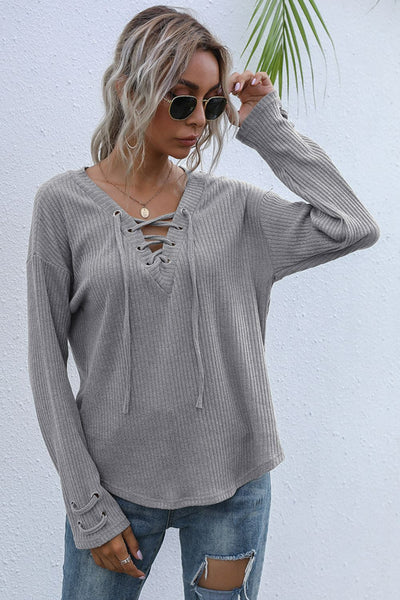 Lace-Up V-Neck Ribbed Top - ONLINE EXCLUSIVE!