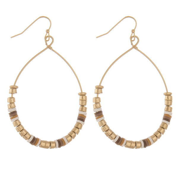 234921  Gold block beaded teardrop earrings with spacer bead details