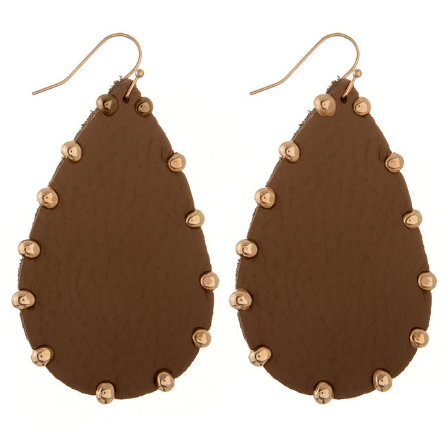 235874  Faux leather Gold bead trim teardrop earrings