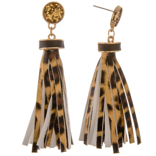 236364  Faux leather leopard print tassel earrings with glitter stud accent