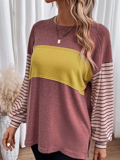 Brenda Round Neck Striped Long Sleeve Slit T-Shirt - ONLINE EXCLUSIVE!