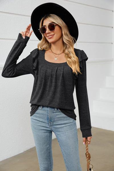 Shayla Square Neck Ruffle Shoulder Long Sleeve Top - ONLINE EXCLUSIVE!