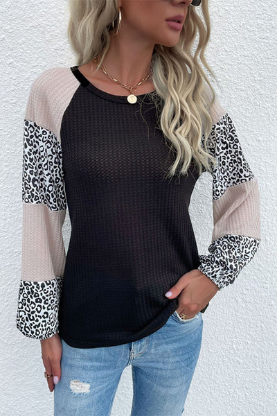 Contrast Leopard Print Waffle Knit Tee - ONLINE EXCLUSIVE!