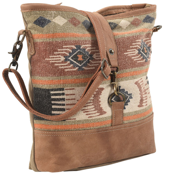 Brown Crossbody w/ Mixed Fabric Tote Bag