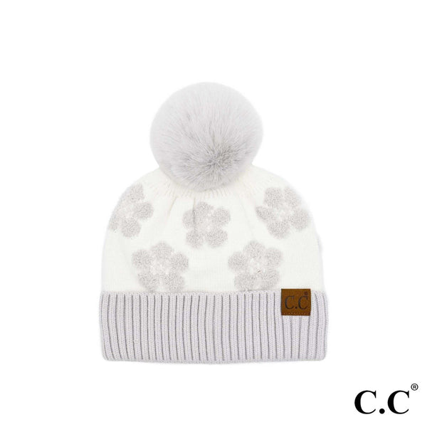 CC Brand Daisy Print Pom Pom Beanie Hat