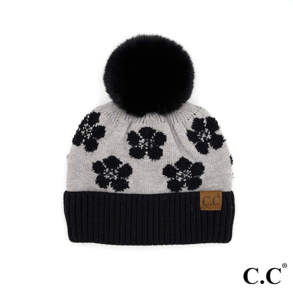 CC Brand Daisy Print Pom Pom Beanie Hat