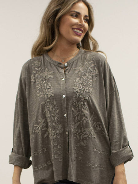 15876   Helena 3/4 Roll-Tab Sleeve Embroidered Jewel Neck Button Front Shirt by Caite & Kyla