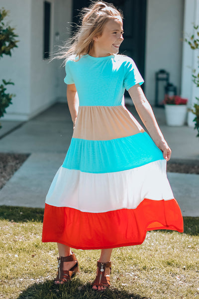 Colorblock Square Neck Flutter-sleeve Tiered Dress for Mom and Me