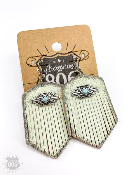 806076   Worn Leather Fringe Earrings w/ Silver Aztec Accent Earrings