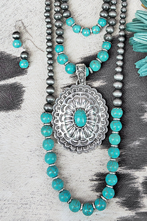 Turquoise Lay Lake Concho Silver Pearl Necklace & Earring Set